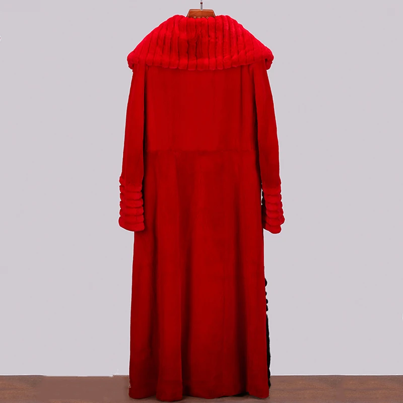 LVCHI Winter2017 Import Red Mink Fur Coat Women's Long Sleeve Coat Black Butterfly Neck Real Natural Fur Print X-Long Mink Coats