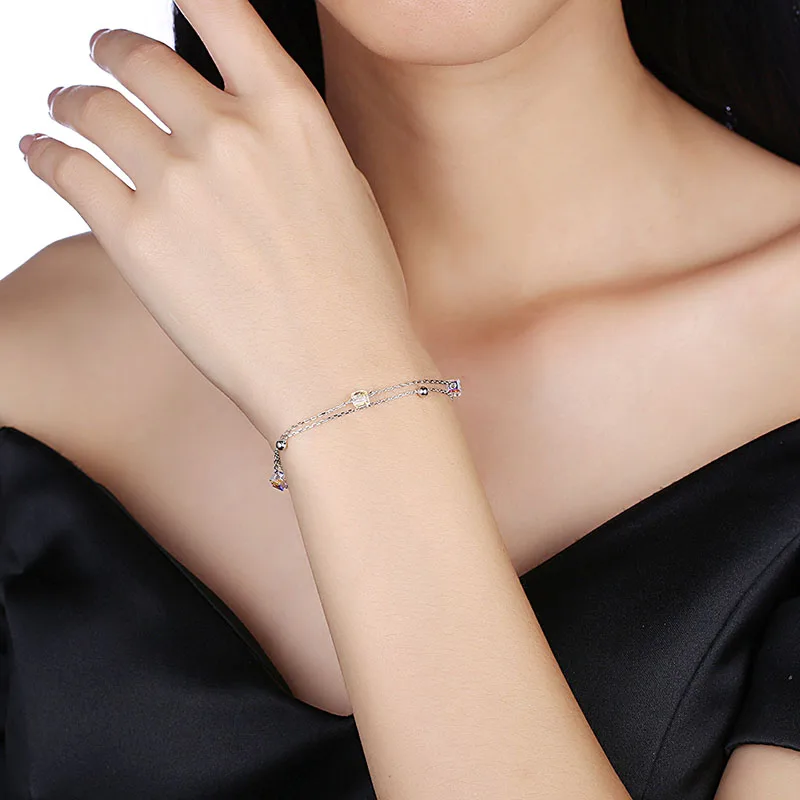 

Exquisite Genuine Square Crystals From Swarovski Bracelet For Women Fine Jewelry 925 Silver Double Chain Engagement Jewlery Gift
