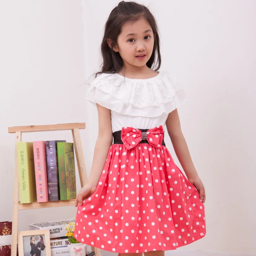 Летние Платье для девочек в горошек модные платья с бантом дети платье Костюмы