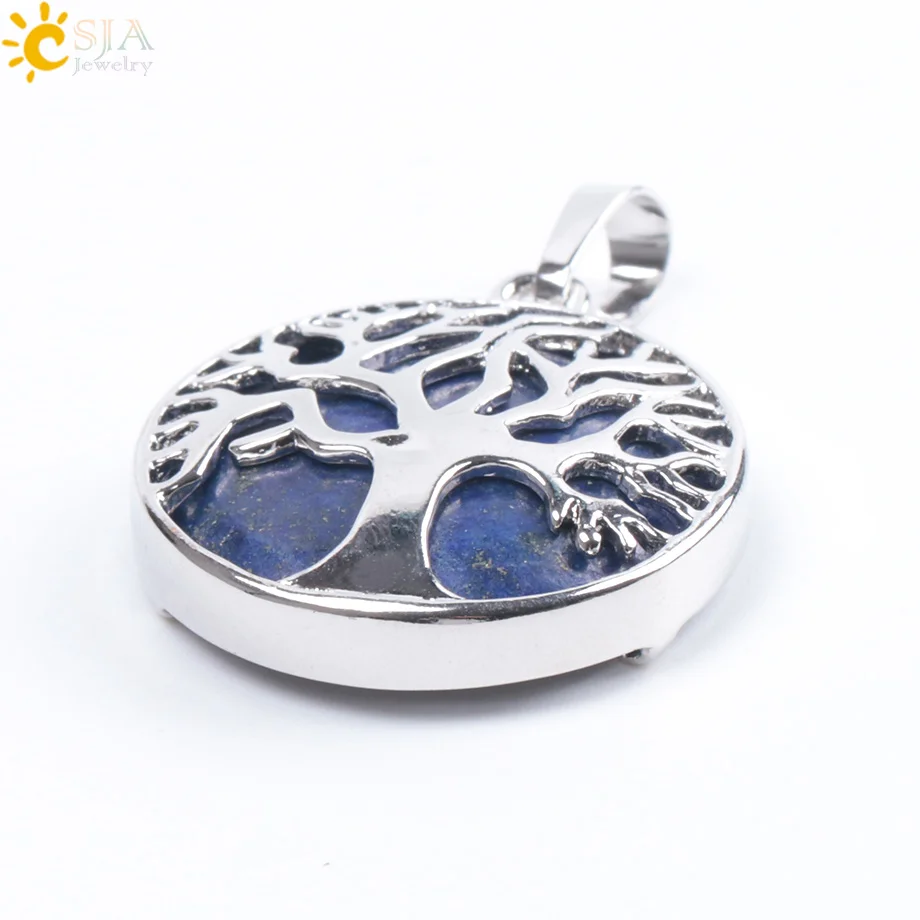 Lapis Lazuli CSJA натуральный Круглый драгоценный камень Каббала Древо жизни Ожерелья Подвески Розовый кварц белый кристалл лазурит тигровый глаз опал F044 - Окраска металла: Lapis Lazuli
