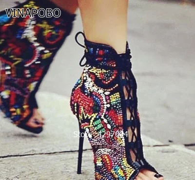 Хит продаж 2018 женские ботинки на высоком каблуке с открытым носком и кристаллами