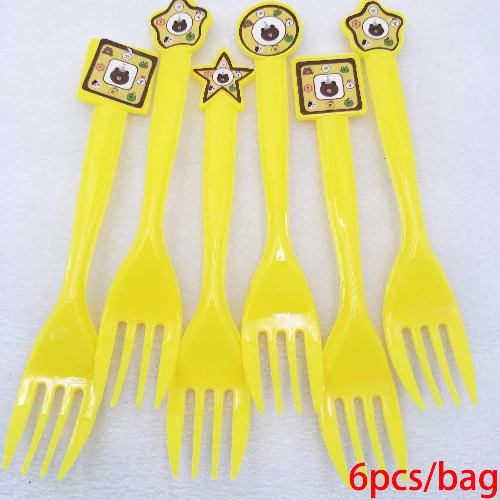 Forks 6pcs Коричневый медведь Дети День рождения украшения набор вечерние принадлежности баннер на тарелке, чашке шляпа соломы Лут мешок рог вилка одноразовая посуда - Цвет: Forks 6pcs