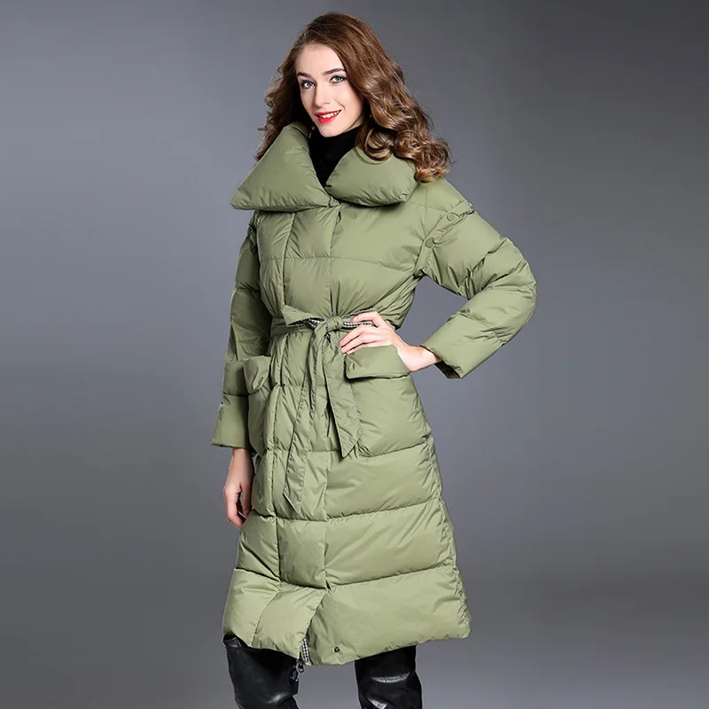 Женская парка с перьями KoHuiJoo длинная поясом 2 размера|parkas for women|down parkafashion parka |