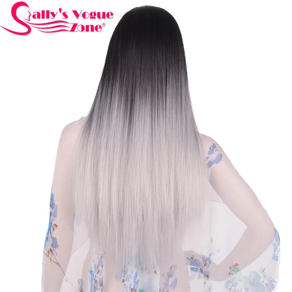 Sallyhair Ombre черный серебристый серый цвет длинные прямые парики 24 дюймов термостойкие для женщин волосы синтетические парики