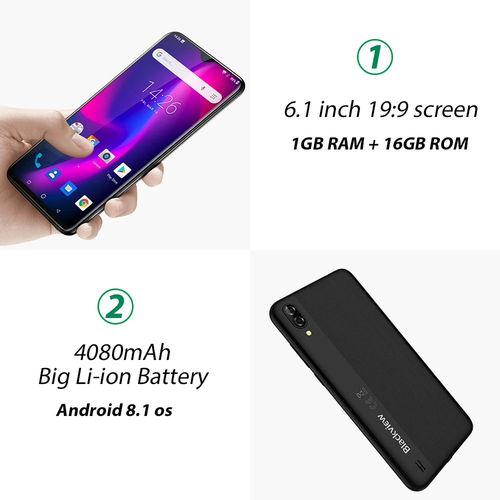 Blackview A60 6," экран капли воды 4080 мАч Смартфон Android 8,1 13MP задняя камера Сотовый телефон MT6580 четырехъядерный мобильный телефон