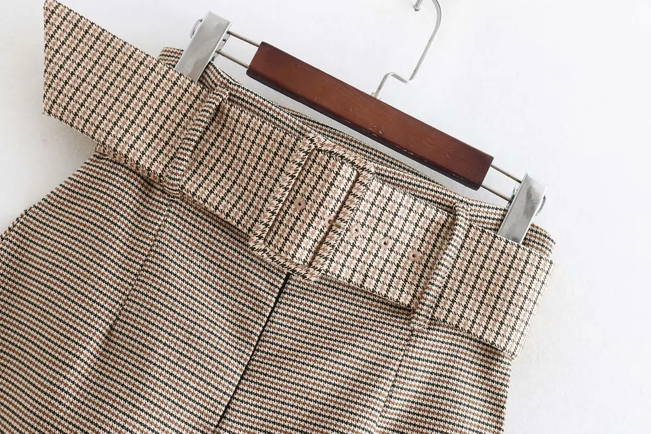 Fashion women plaid skirt vintage work office ladies with belt mujer retro mid calf skirts | Женская одежда