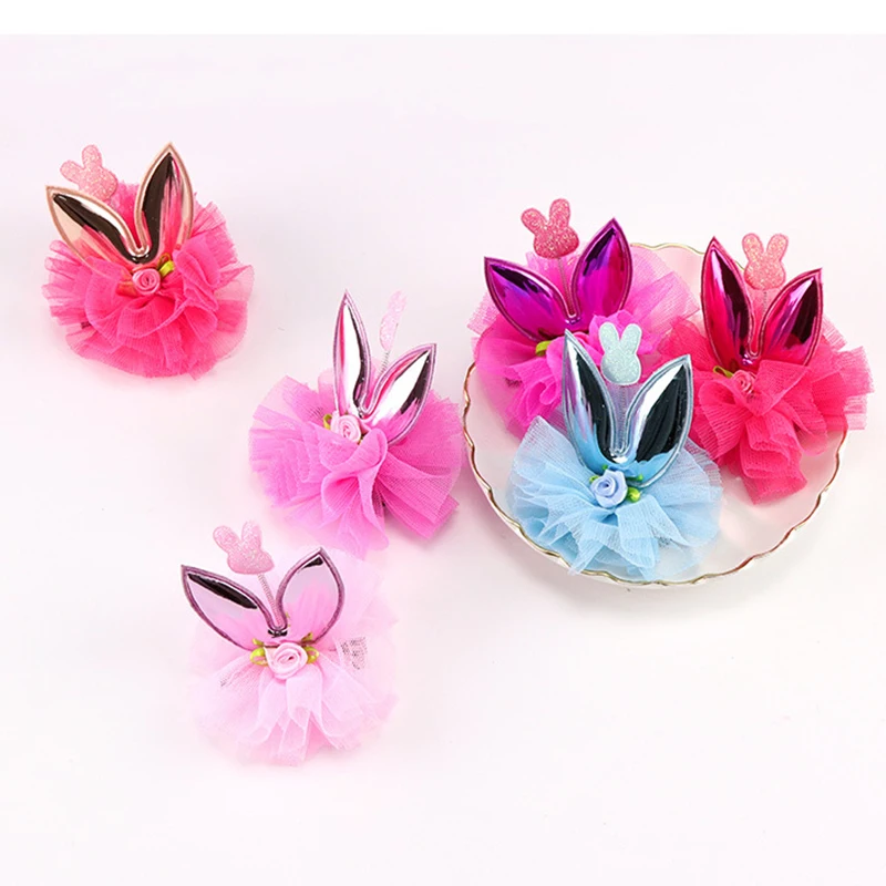 New Kids Hair Accessories Sweet Bunny Ear Girls' Hairpin chiffon Flower Clips Headwear Girl Birthday Gift For Party| |