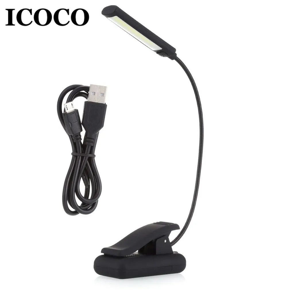 ICOCO Портативный USB батарейный зажим для чтения Светодиодная лампа 6 Вт COB Гибкая