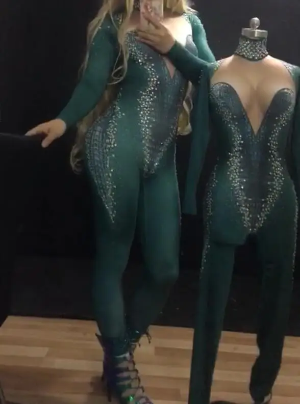 Женский комбинезон со стразами Летний зеленый для танцев DJ бар костюм