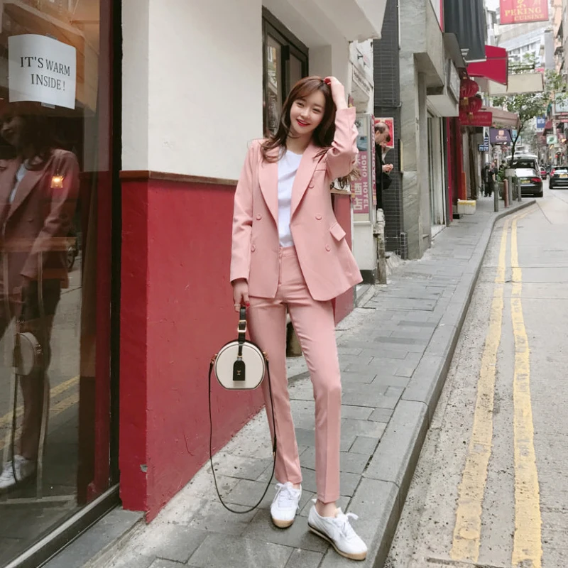 Женский брючный костюм Harajuku однотонный двубортный пиджак повседневный из двух