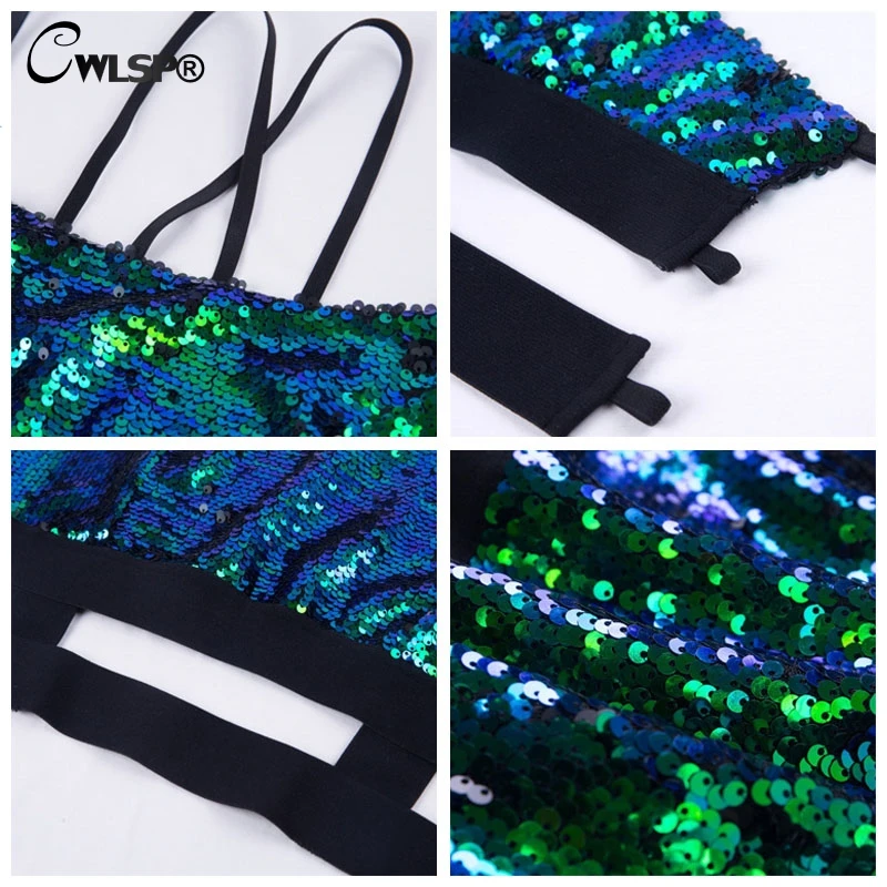 

CWLSP 2018 Summer Sexy Sequins Halter Tank Top Women Chain Backless Crop Tops Punk Rock Topic Cropped Lace Up Femme Top QA2622