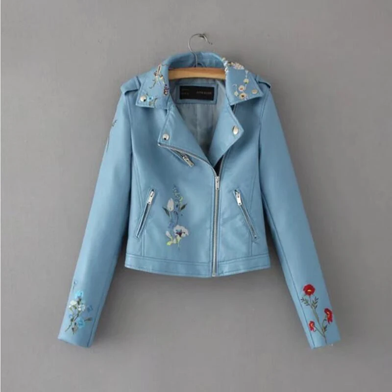 Embroidery female 2020 autumn new Korean version of the lapel locomotive PU leather short-sleeved lapel jacket Yellow pink Coat enlarge