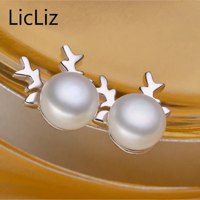 LicLiz Freshwater Pearl Deer Earrings Women Christmas Gift Natural Stone Stud 925 Silver Animal Earing Studs LAE0039 Украшения и