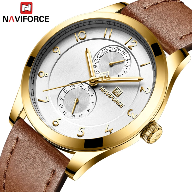 NAVIFORCE Топ люксовый бренд золото нержавеющая сталь Чехол кожаный ремешок Часы