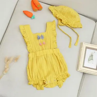 Yellow with hat EnkeliBB качество; Одежда для новорожденных девочек; комбинезон для маленьких девочек на лето; красивый комбинезон для малышей; детские комбинезоны с оборками в рубчик - Цвет: Yellow with hat