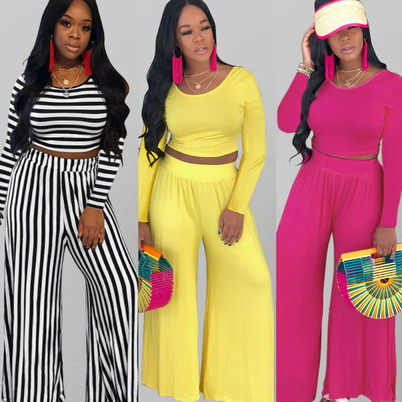 

New Suit Women Crop Top Long Sleeve T Shirt+Pants Wide Leg Trousers Stripe Two Piece Set Playsuit Bodysuit Jumpsuit Romper 2pcs