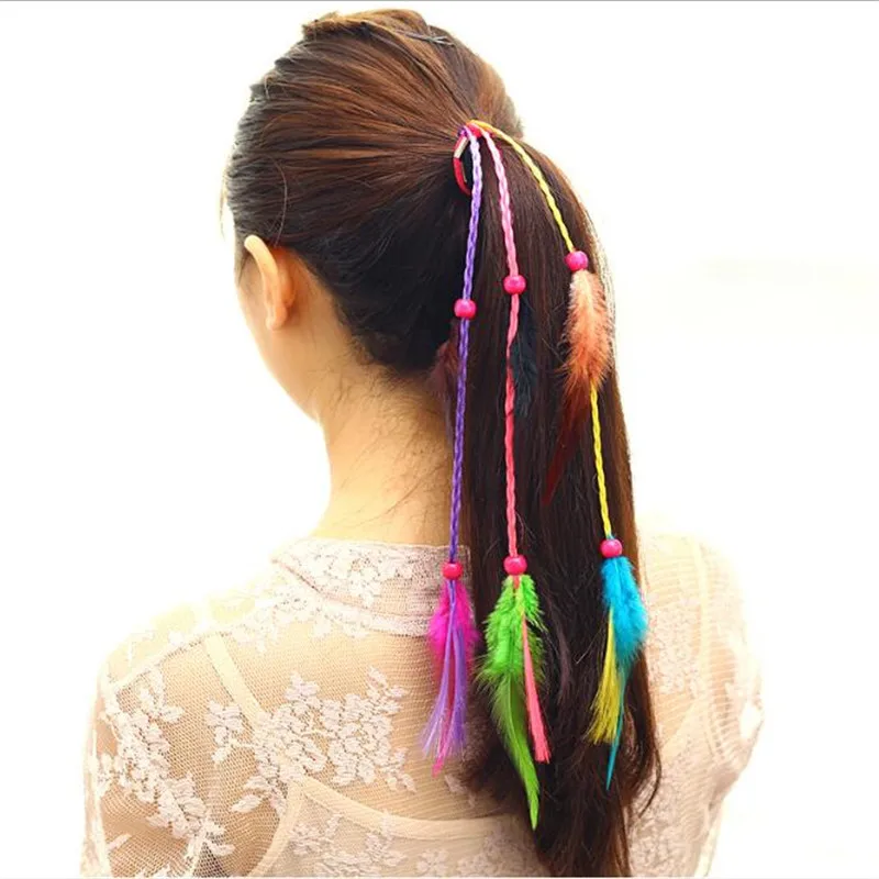Bohemia Bead Feather Hair Tassel Rope Wig Braider Head Piece Headdress Ornaments For Women Girl Rubber Band Accessories |
