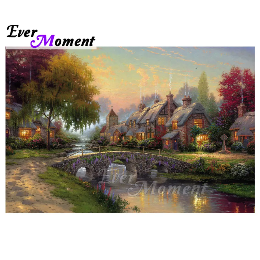 Алмазная живопись Ever Moment 5D DIY пейзаж дом мост река мозаика украшение для дома