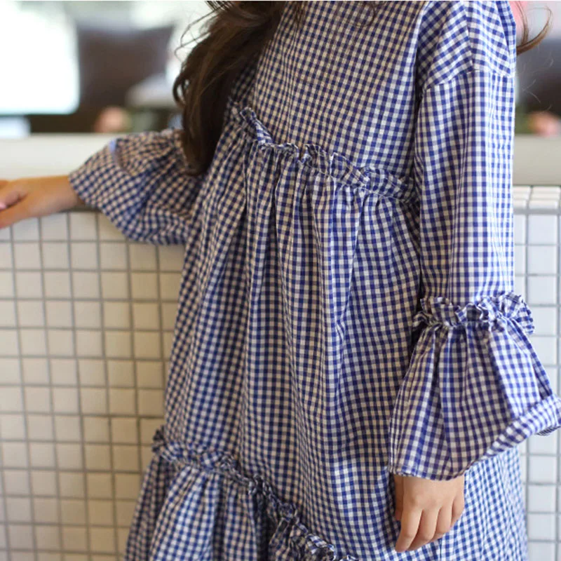 Хлопок оборками Дети платье для девочек одежда с длинным рукавом Русалка Синий