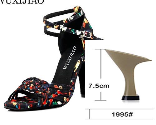 heel 7.5cm WUXIJIAO/Новые Современные тканевые танцевальные туфли с цветочным принтом для сальсы; Женская обувь в простом стиле; обувь для латинских танцев для девочек; Обувь для бальных танцев с мягкой подошвой - Цвет: heel 7.5cm
