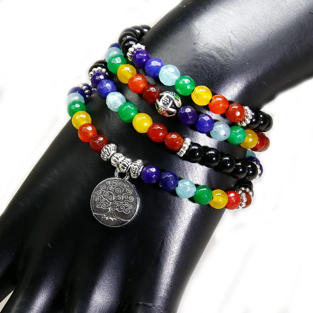 Женский браслет с натуральным камнем Mala Chakra черный оникс 7 чакр Йога медитация