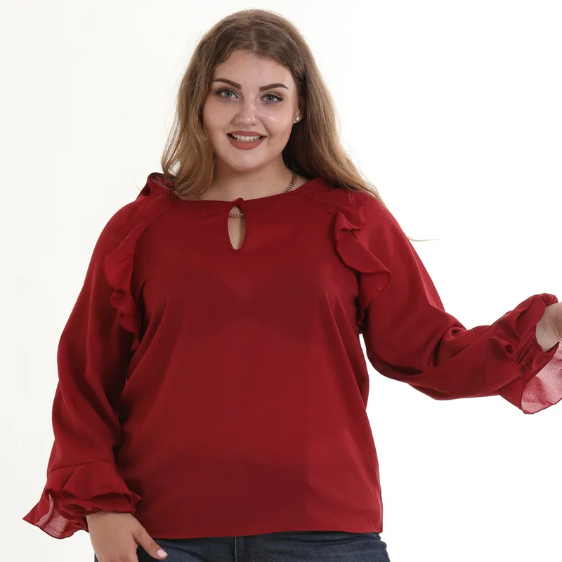 5xl 6xl корейский стиль Женская блузка с оборками длинным рукавом плюс размер