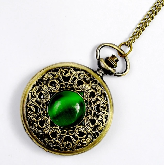 

WA102 Woman Green Necklace Vintage Fashion Emerald Stone Pocket Watch Jewelry