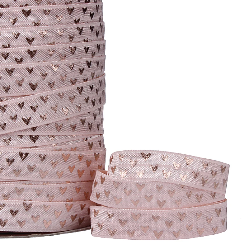 

Wholesale 100 yards per roll 5/8" Valentine heart design rose gold foil printed foe fold over elastic
