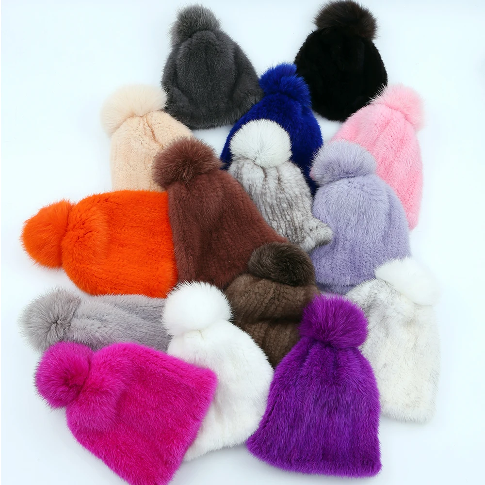 100% real mink fur hat women winter knitted mink fur beanies cap with fox fur pom poms 2017 brand new thick female cap Elastic