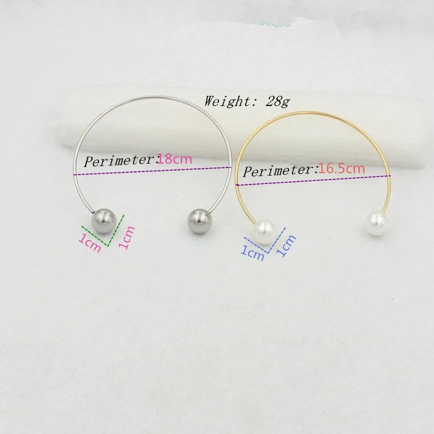 

2 pcs one set silver and gold color cuff simulated pearls bangles for women stainless steel chain material fj142