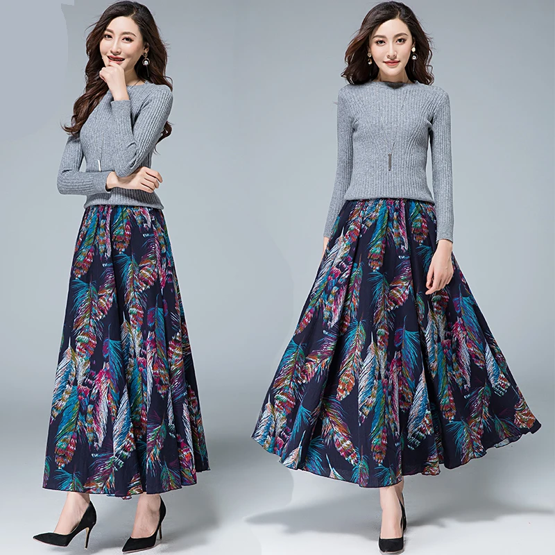 Длинная льняная юбка с принтом для женщин Зимняя | Женская одежда