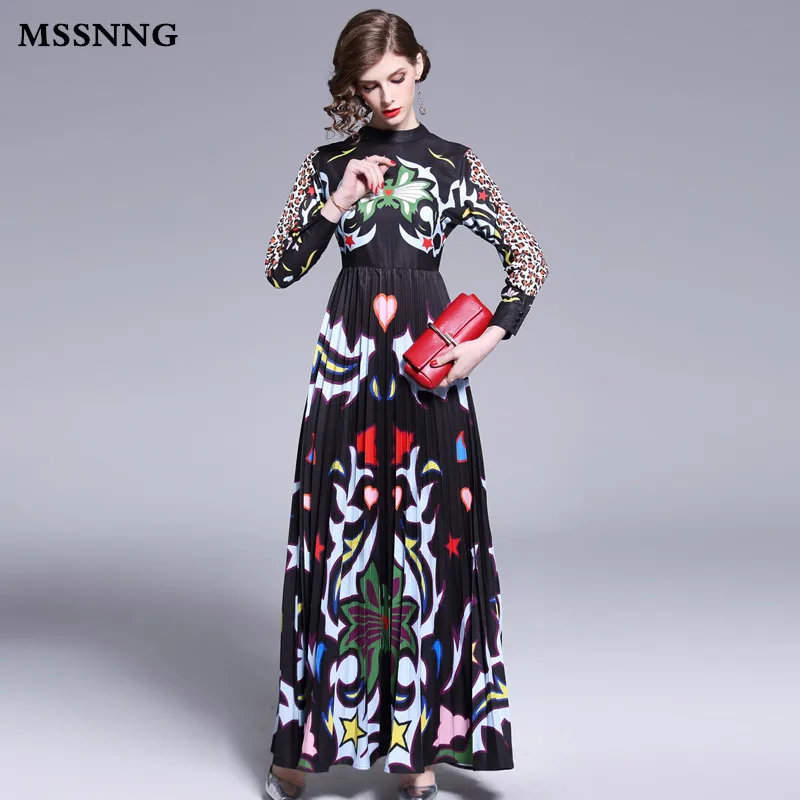 MSSNNG 2019 Spring Print Stand Collar Floor Length Long Dress Women Full Sleeve Leopard Dresses High Waist Pleated Vestidos | Женская