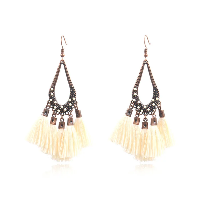 

Europe and the United States big popular creative teardrop-shaped tassel earrings set meters long cotton cloth art act the role