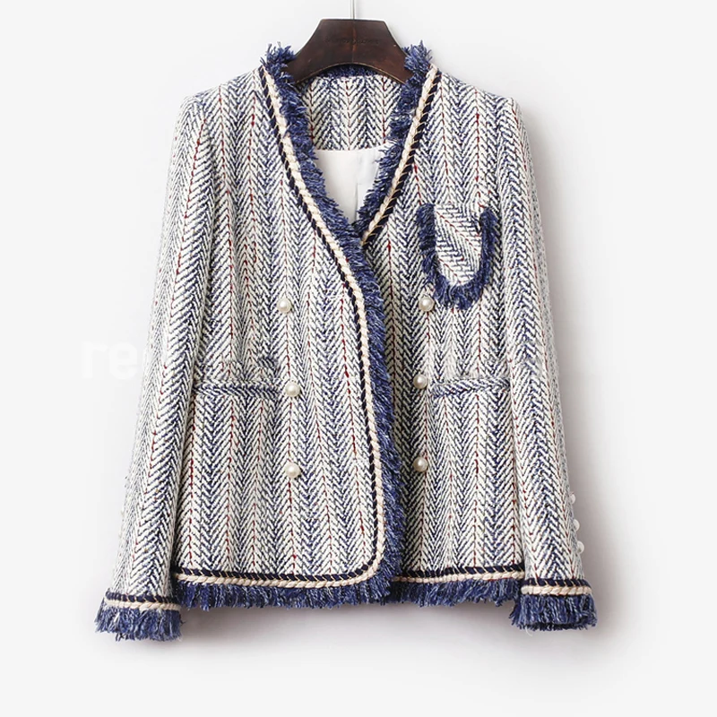 

Blue Striped Tweed Jacket 2020 autumn/winter women's coat Collared Blue Jacket Ladies Ladies Jacket