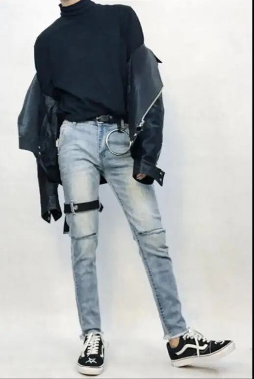 

Korean version of the original fashion personality tie knee hole cowboy 9 minutes pants men and women the same style