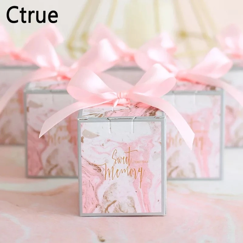 

50pcs 6x6x7CM Pink theme Candy Box with ribbon wedding gift boxes wedding party accessories wedding favors and gifts