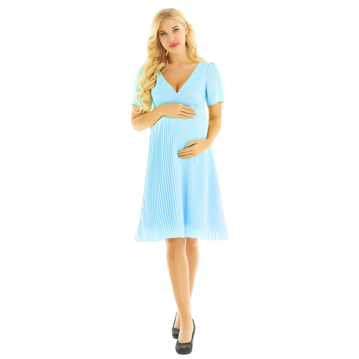 Light Blue Летние платья для беременных, с глубоким v-образным вырезом, шифоновое плиссированное платье, повседневная одежда для мам, платье для беременных - Цвет: Light Blue