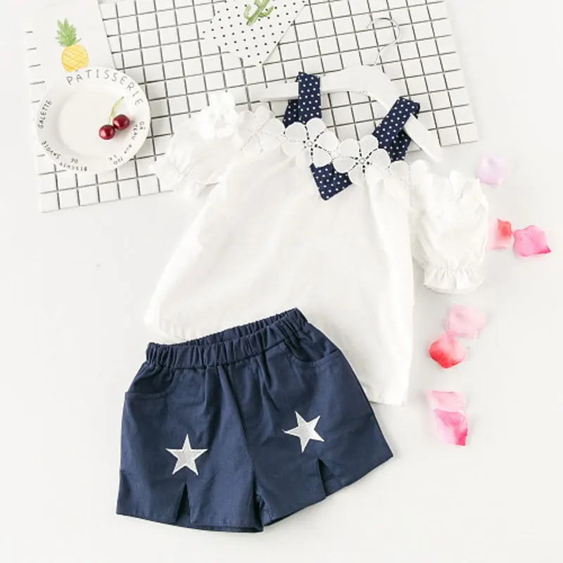 AiLe Rabbit New Summer Fashion Sweet Solid Color Off-Shoulder T-Shirt Pentagram Shorts Girls Set | Мать и ребенок