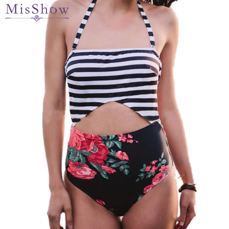 Misshow Сплошной Полосатый Купальник 2017 Женский Бинты Принт Купальники Женские