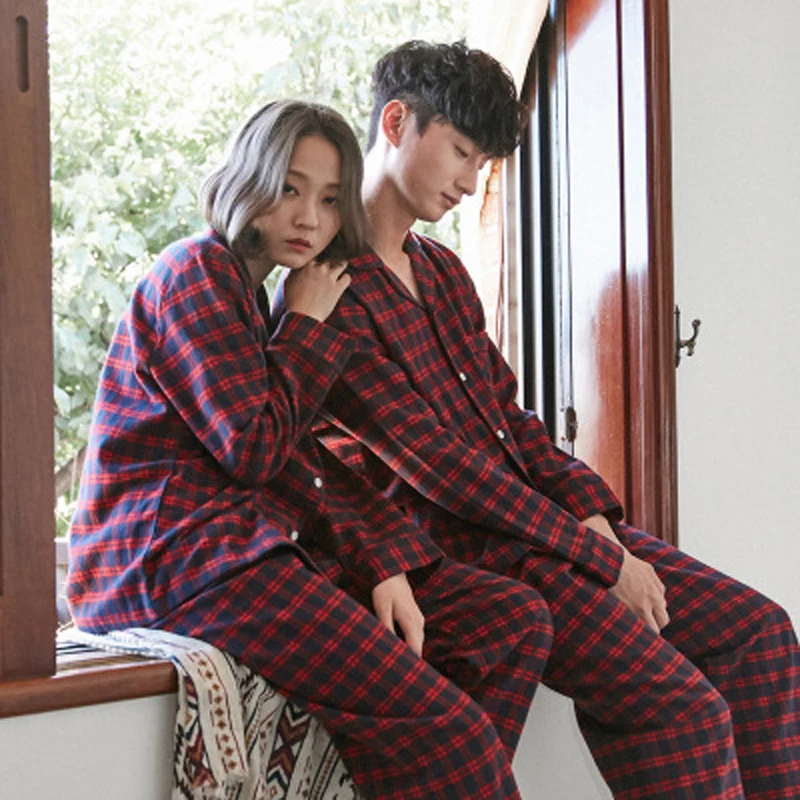 

Scottish checkered couple pajamas women cotton long-sleeved autumn and winter simple casual home service suit