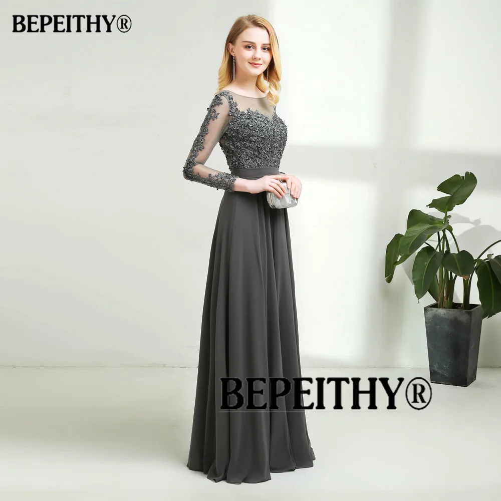 Vestido de festa, серое шифоновое длинное вечернее платье, сексуальное, с открытой спиной, с длинными рукавами, кружевное платье для выпускного вечера, Vestido Longo