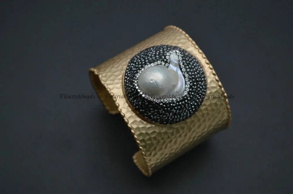 Gold Color Fashion Woman Cuff Bangle Lady Style Paved Crystal and Baroque Pearl Beads on Surface Party Bracelet | Украшения и