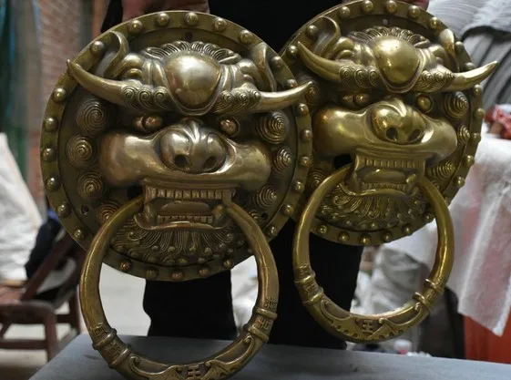YM 316 15&quot Chinese Brass Fengshui Evil Guardion Foo Fu Dog Lion Head Door Knocker Pair | Дом и сад