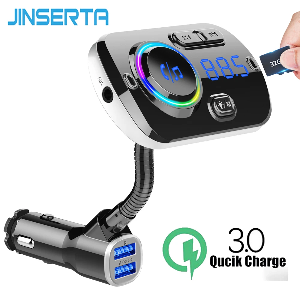 Беспроводной FM модулятор JINSERTA Bluetooth V5.0 2 телефона Автомобильный MP3 плеер 3 5 мм AUX play