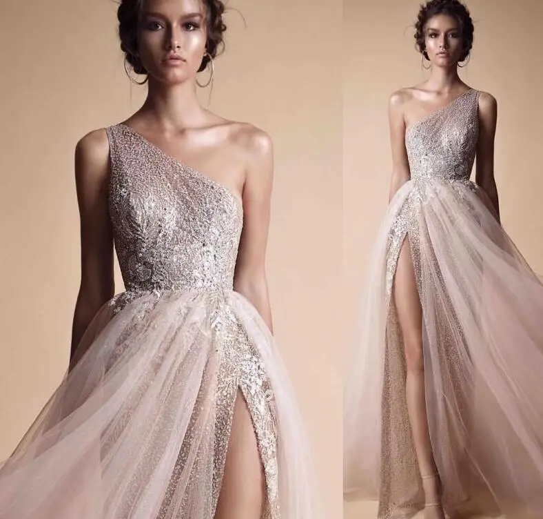 Бальное платье Berta A Line блестящее вечернее на одно плечо с высоким разрезом и