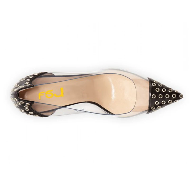 Черные туфли-лодочки на тонком каблуке 10 см из ПВХ с заклепками женские туфли