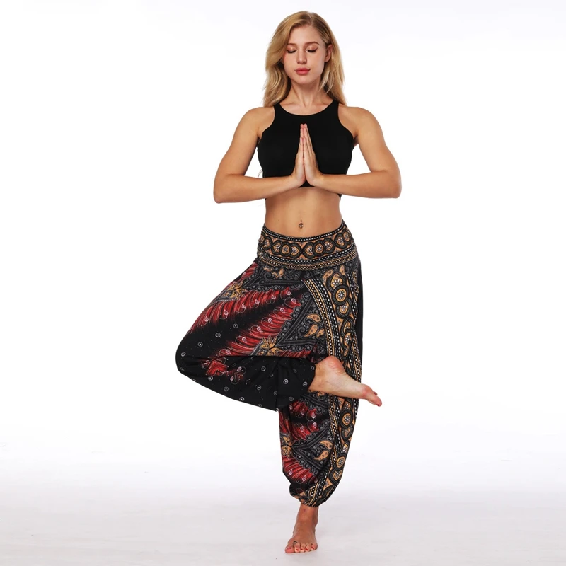Women One Size Yoga Pants Bohemia Multicolor Geometric Print Long Yoga Pants Indian Loose Comfy Harem Trousers Wide Leg Pants