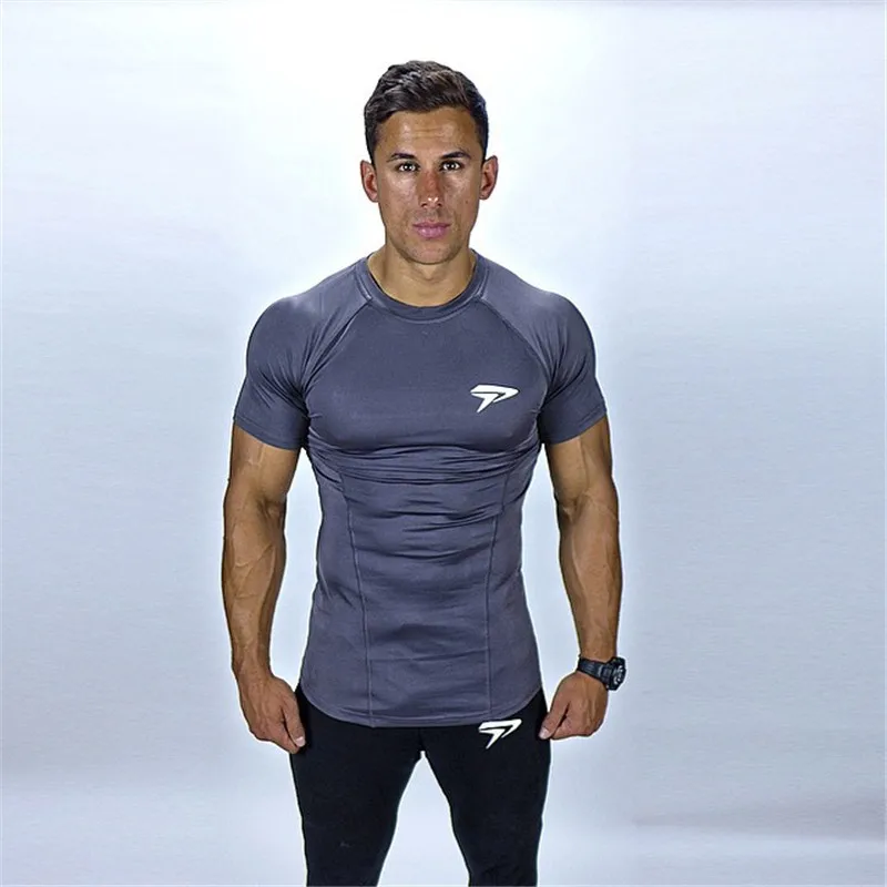 Для мужчин, Цвет Slim Fit Гибкая Экипаж шеи короткий рукав Training футболки для бега спортивный Фитнес рубашки Прямая