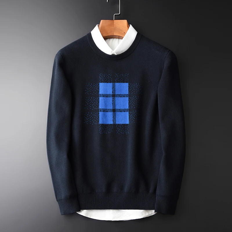 

Мужской свитер Minglu, модные жаккардовые пуловеры с геометрическим узором, мужские свитеры, хлопковые мужские свитеры для осени и зимы