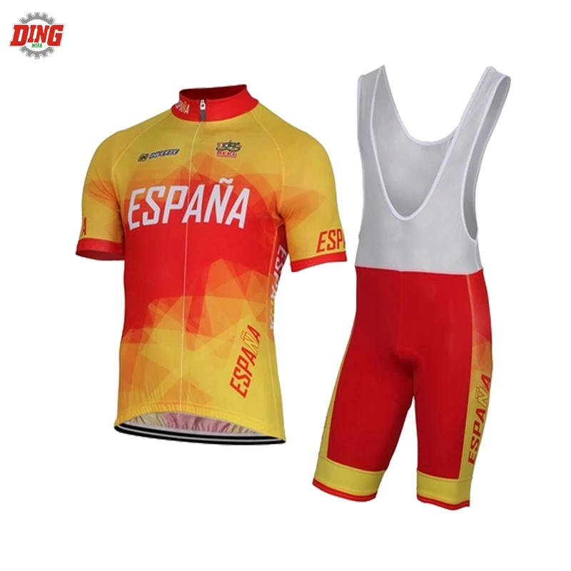 

Spain NEW team wear cycling jersey set men short sleeve bib shorts Gel Pad yellow ESPANA bike clothing set hot classic roupa